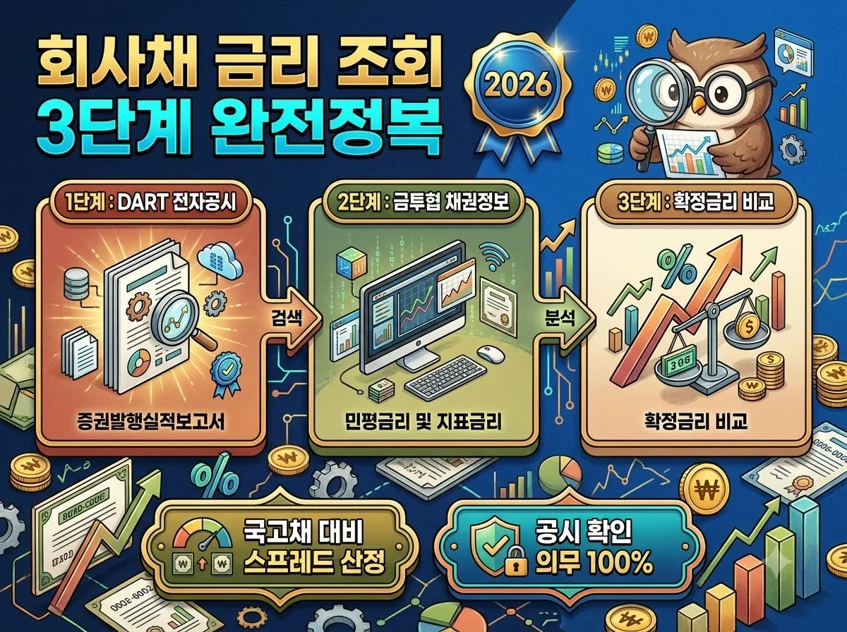 회사채 발행 금리와 민평금리를 전자공시시스템과 금융투자협회를 통해 3단계로 정확하게 조회하고 비교 분석하는 방법 안내 인포그래픽 썸네일 이미지입니다.
