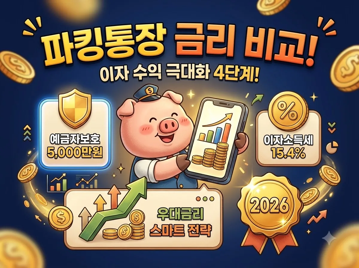 고금리 파킹통장 금리 비교와 예치 한도 확인, 5천만원 예금자보호 및 이자수익 극대화 4단계 전략을 시각화한 인포그래픽 썸네일