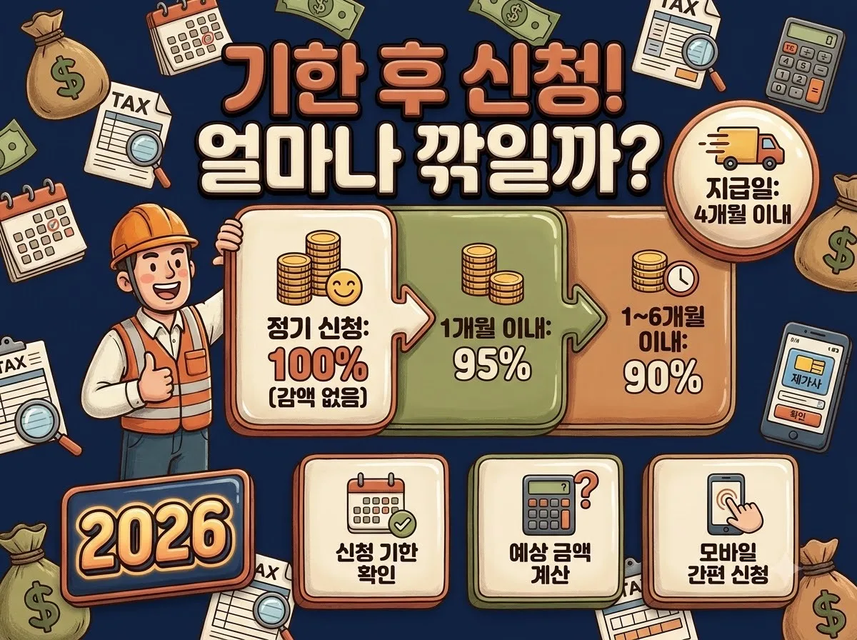 근로장려금 기한 후 신청 시 감액 비율과 지급일 기준을 한눈에 보여주는 2026년 정밀 인포그래픽 이미지