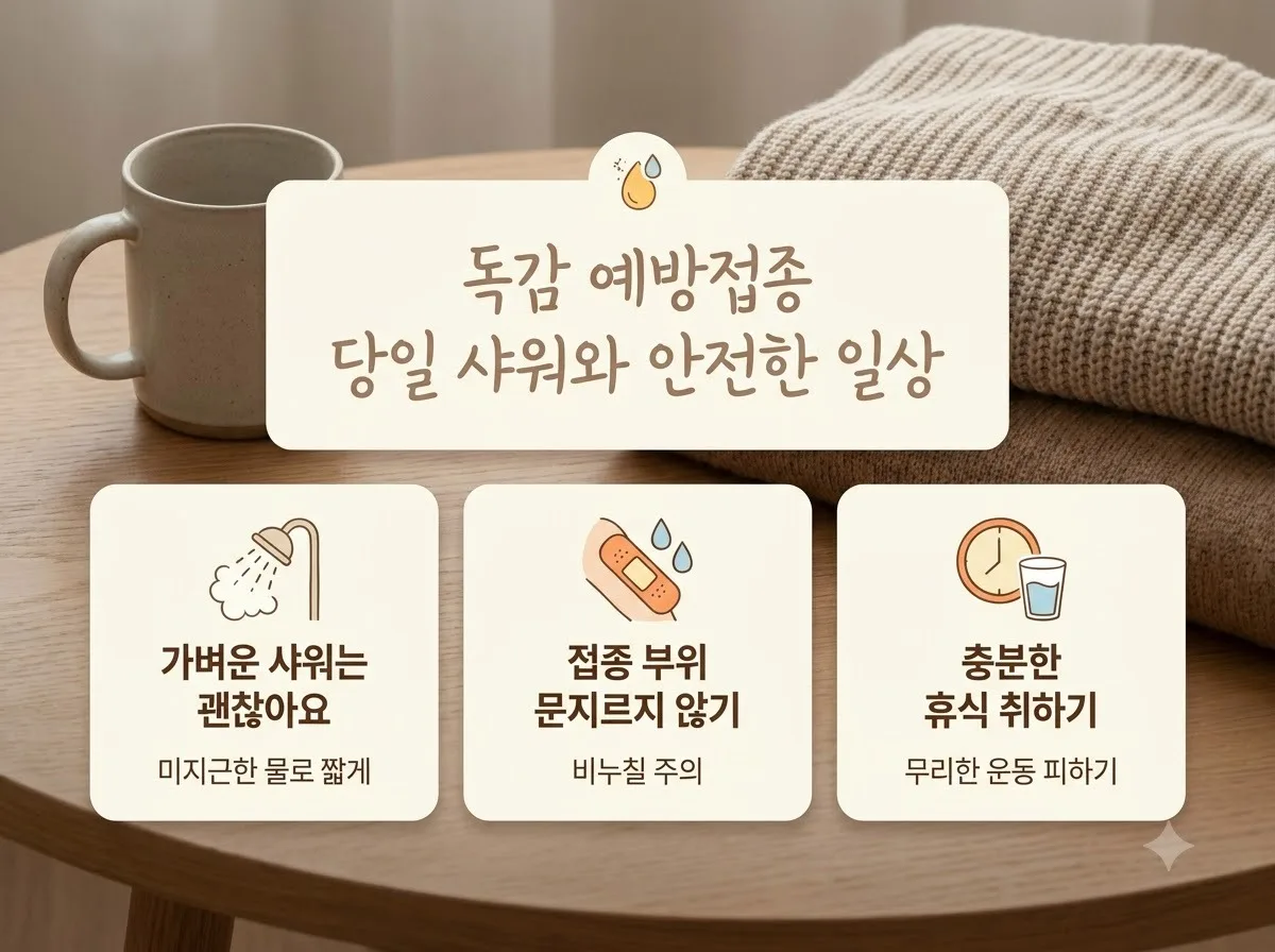 독감 예방접종 당일 샤워 운동 금지 이유 3가지 핵심을 요약한 대표 썸네일 이미지
