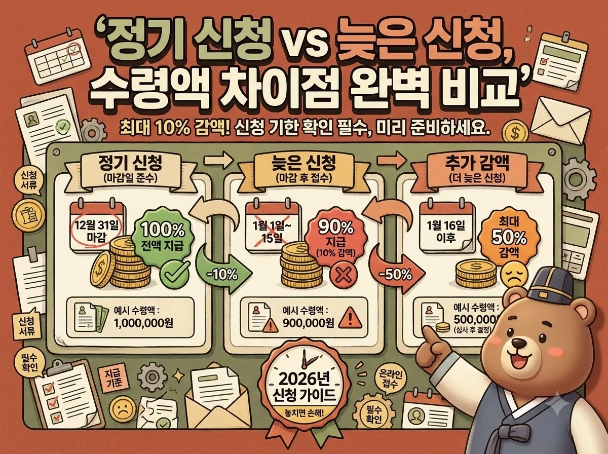 정기 신청과 늦은 신청의 수령액 차이점과 감액 구조를 한눈에 비교하는 인포그래픽 썸네일