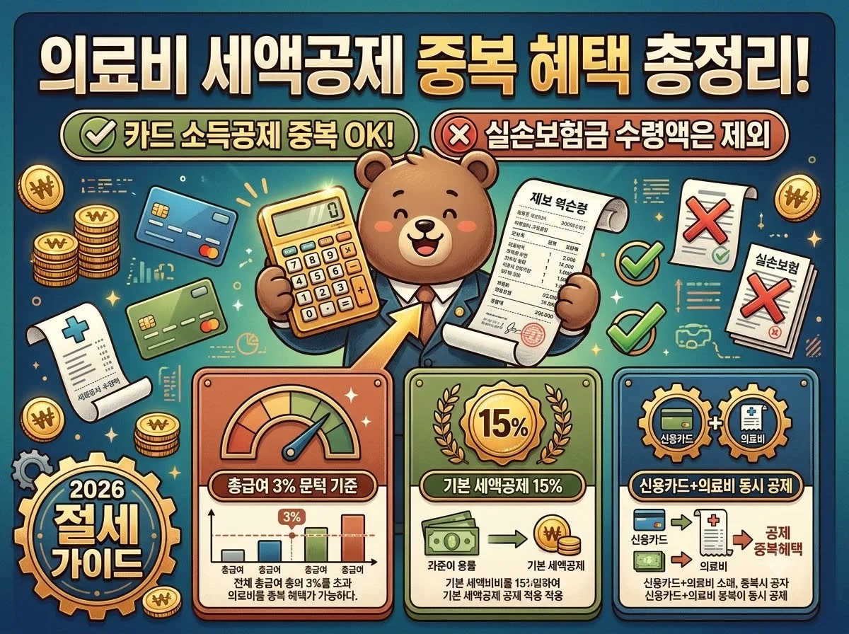 2026년 연말정산 의료비 세액공제 기준과 신용카드 중복 공제 여부 및 실손보험금 제외 규칙을 한눈에 정리한 인포그래픽 안내 이미지입니다.