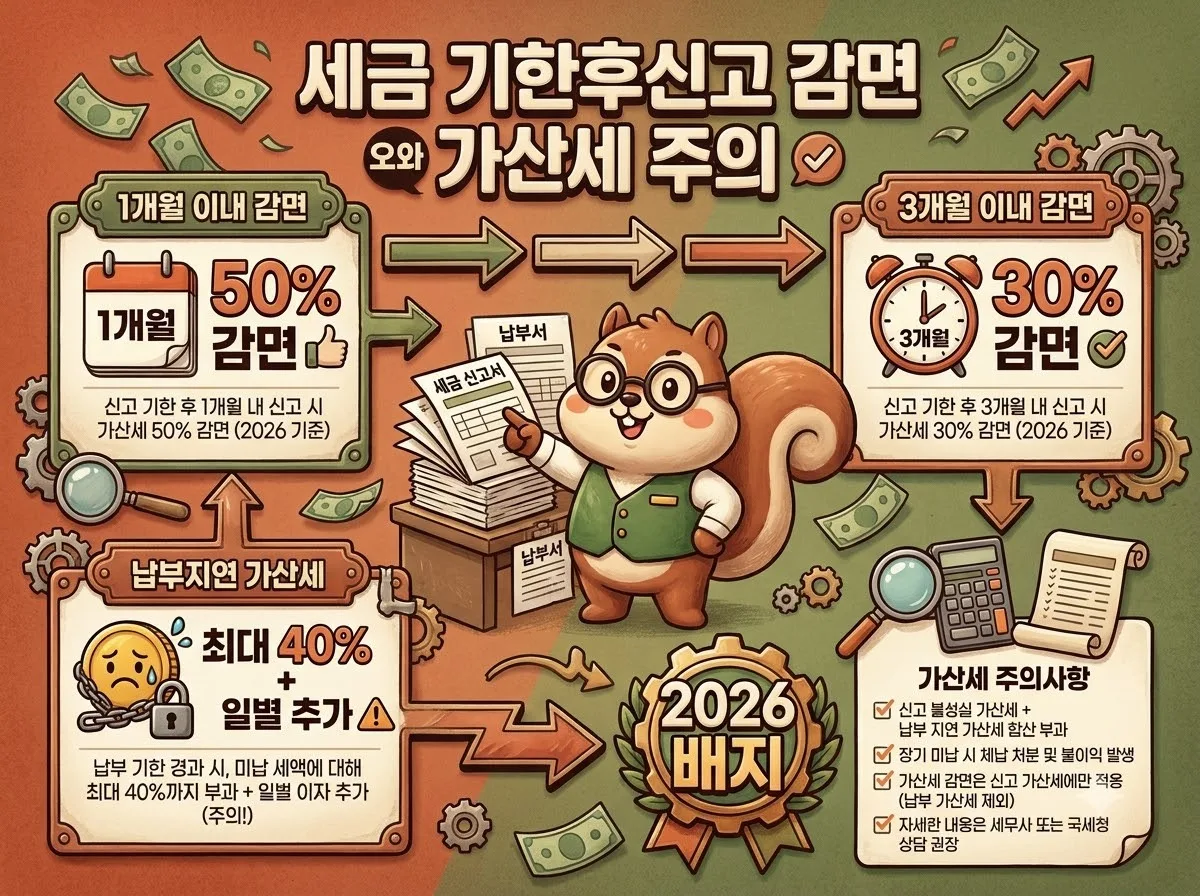세금 기한후신고 감면 혜택과 납부지연 가산세에 대한 오해를 바로잡고 주의할 점을 안내하는 인포그래픽 썸네일 이미지입니다.