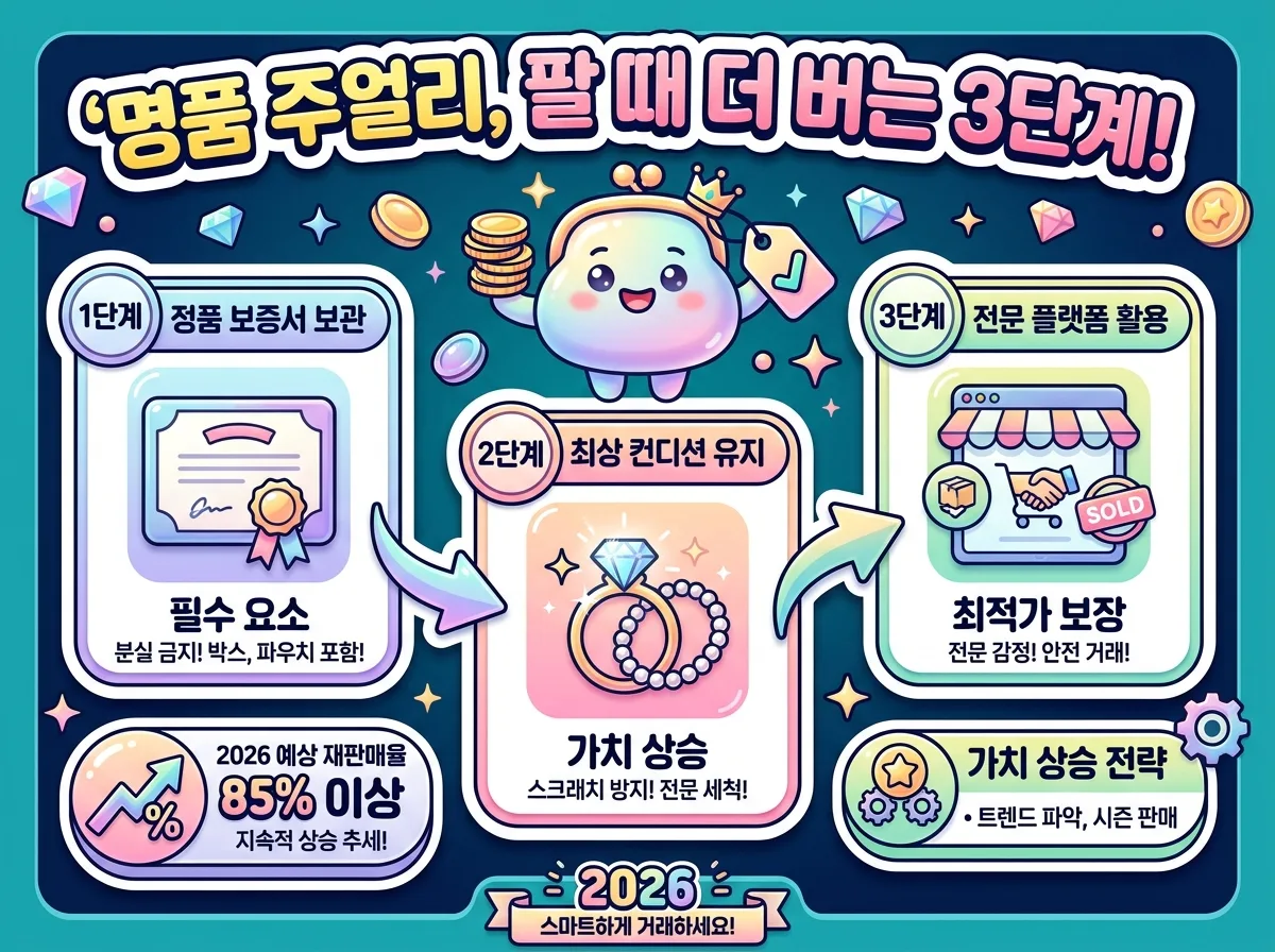 명품 주얼리를 가치 있게 재판매하는 3단계 전략을 시각화한 꽉 찬 인포그래픽 포스터. 정품 보증서 보관, 최상 컨디션 유지, 전문 플랫폼 활용 등 핵심 단계를 친근한 캐릭터와 아이콘으로 설명하며 2026년 예상 재판매율 정보도 담고 있습니다.