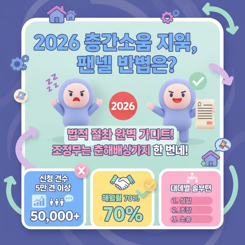 2026년 층간소음 분쟁 해결을 위한 포괄적인 법적 절차 가이드를 담은 인포그래픽 포스터. 층간소음 지옥을 끝내는 방법을 묻는 강력한 헤드라인과 조정부터 손해배상까지의 과정을 보여줍니다.