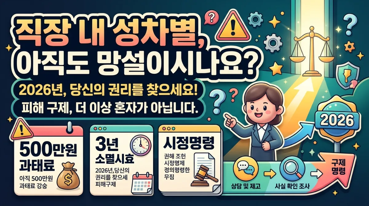 2026년 직장 내 성차별 신고 전 준비해야 할 필수 준비물과 체크리스트를 보여주는 인포그래픽으로, 피해 사실 기록, 증거 자료 수집, 목격자 확보 등 핵심 단계를 시각화합니다.