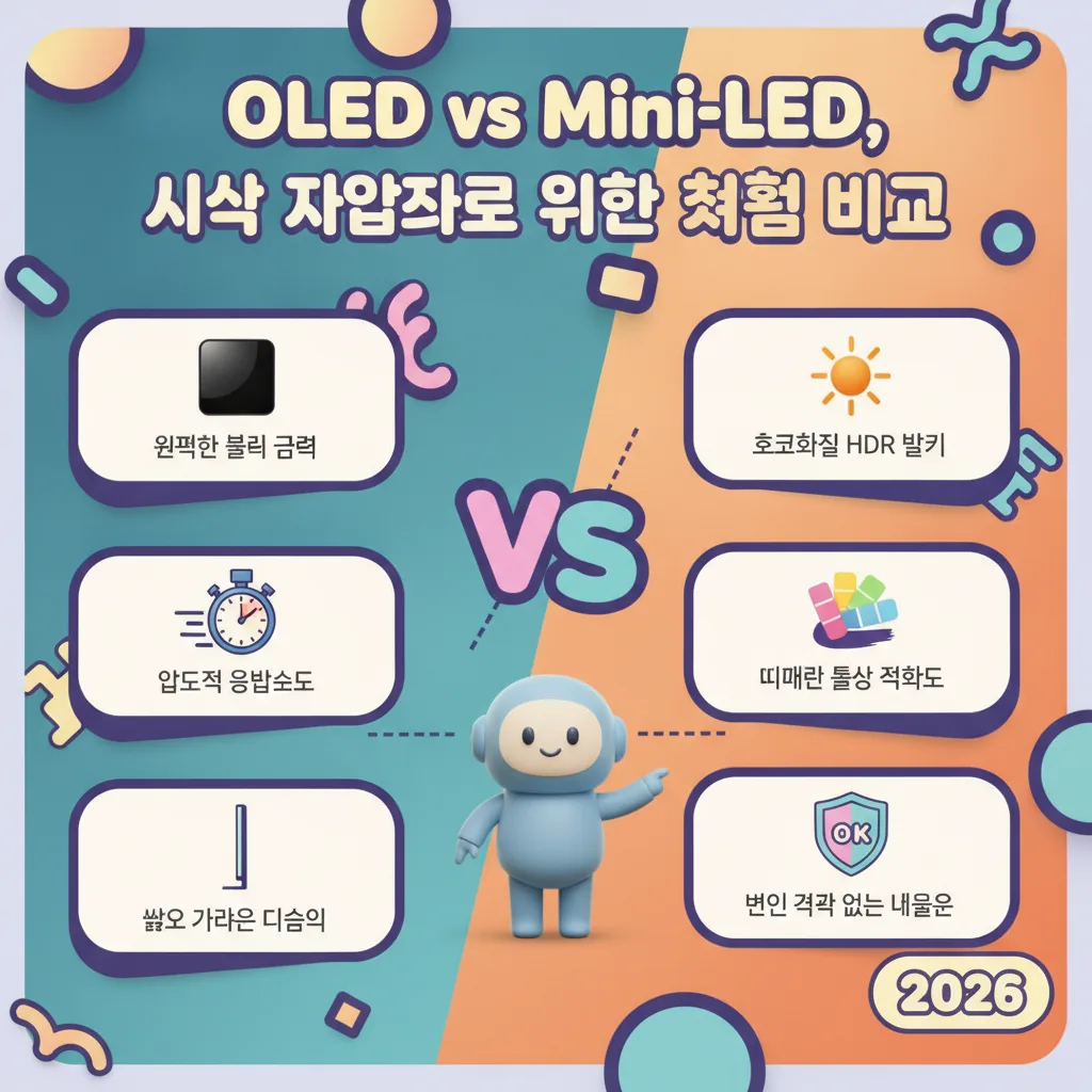 시각 작업자를 위한 OLED와 Mini-LED 디스플레이 기술을 비교하는 인포그래픽 포스터. 'OLED vs Mini-LED, 시각 작업자를 위한 핵심 비교'라는 한글 제목 아래, OLED의 완벽한 블랙, 빠른 응답속도, 얇은 디자인과 Mini-LED의 초고화질 HDR 밝기, 뛰어난 색상 정확도, 번인 걱정 없는 내구성을 아이콘과 함께 설명합니다. 친근한 캐릭터가 비교 설명을 돕고 2026년 기술 트렌드를 반영합니다.