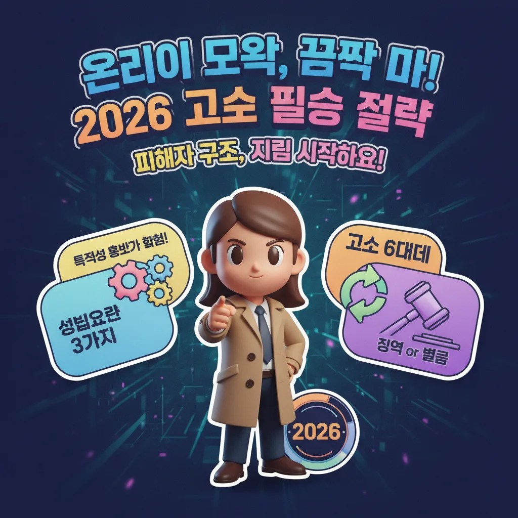 2026년 온라인 모욕죄 고소 전략을 강렬한 인포그래픽으로 시각화한 썸네일. '온라인 모욕, 꼼짝 마! 2026 고소 필승 전략'이라는 큰 한글 제목과 함께 특정성 확보의 중요성을 강조하고 피해자 구제를 독려한다. 친근한 3D 캐릭터가 법률 서류와 돋보기를 들고 있으며, 성립요건 3가지, 고소 6단계, 처벌 기준 등의 핵심 정보 카드들이 풍성하게 배치되어 있다.