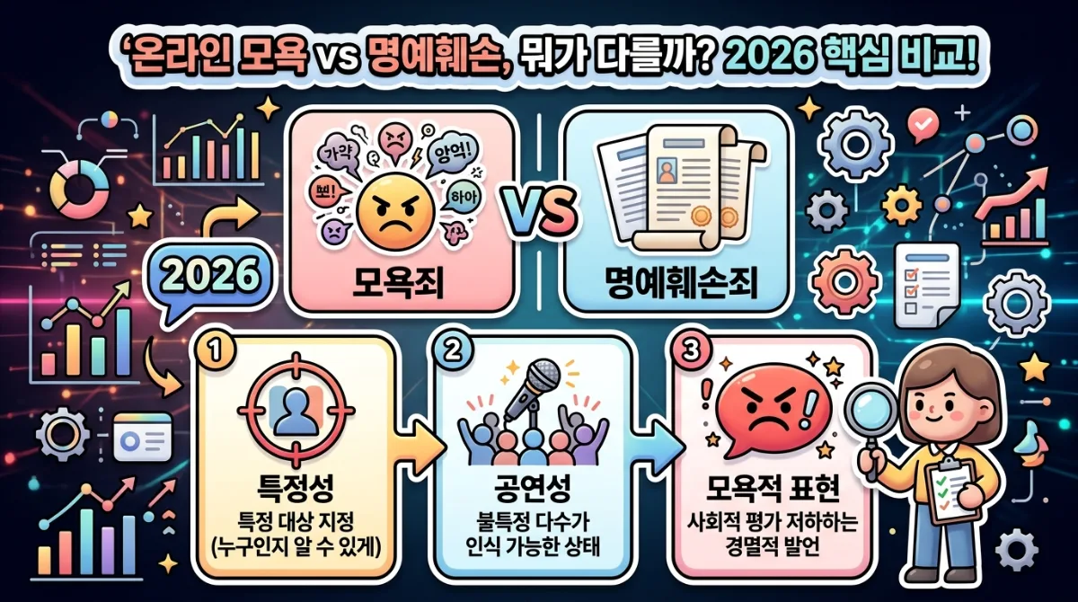 2026년 온라인 모욕죄 고소 절차를 6단계 타임라인으로 상세히 보여주는 정보성 포스터. '억울하다면 6단계 고소 시작!'이라는 한글 헤더와 함께 증거 수집, 특정성 확보, 법률 상담, 고소장 제출, 경찰 수사, 재판 및 처벌까지의 모든 과정을 친근한 3D 캐릭터와 다채로운 아이콘으로 시각화하여 이해를 돕는다.
