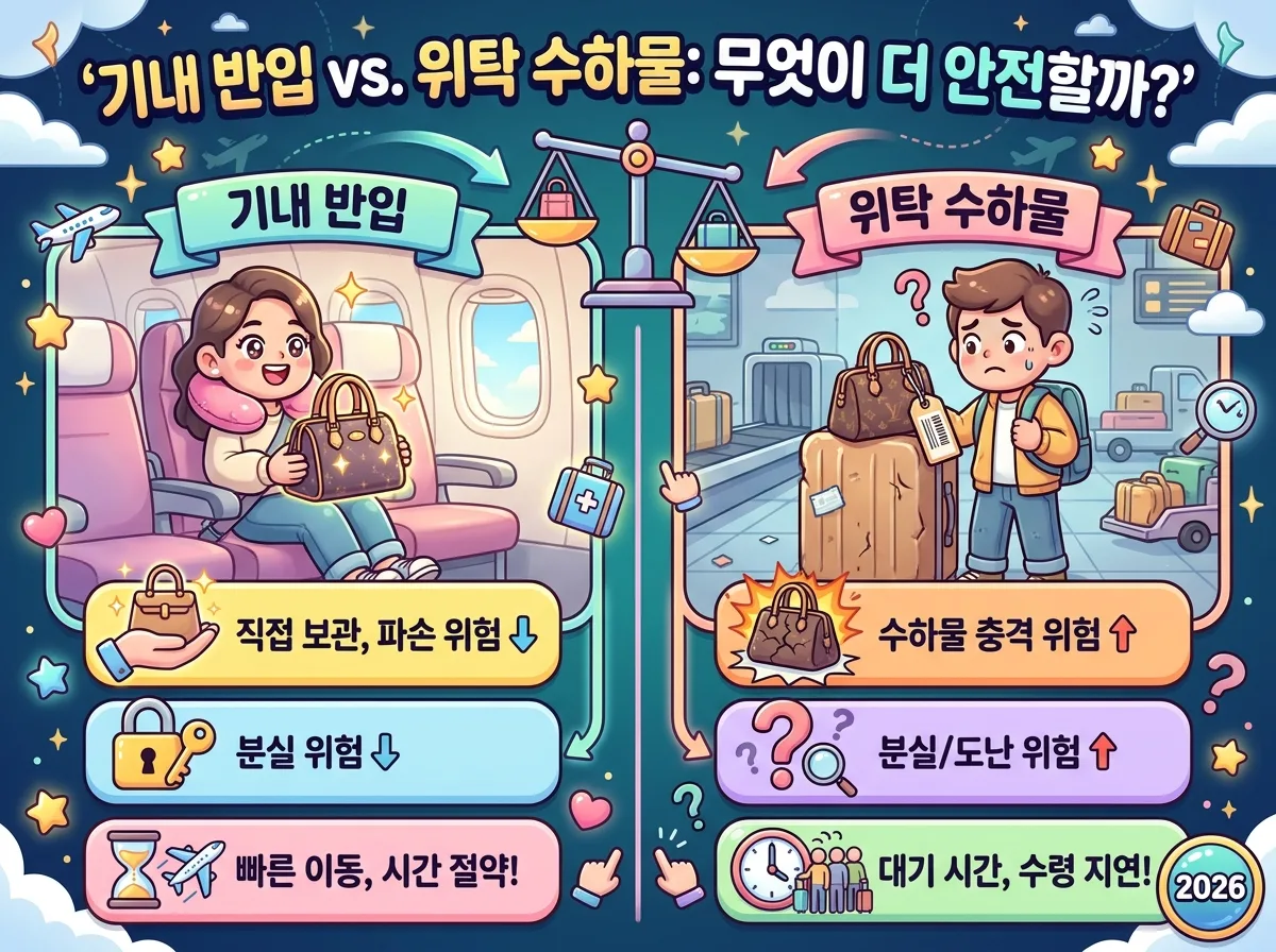 명품 가방의 기내 반입과 위탁 수하물 중 어떤 방식이 더 안전한지 비교하는 인포그래픽 포스터. 직접 보관, 파손 및 분실 위험 감소와 같은 기내 반입의 장점과 수하물 충격, 분실/도난 위험 증가와 같은 위탁 수하물의 위험 요소를 대비하여 보여준다.