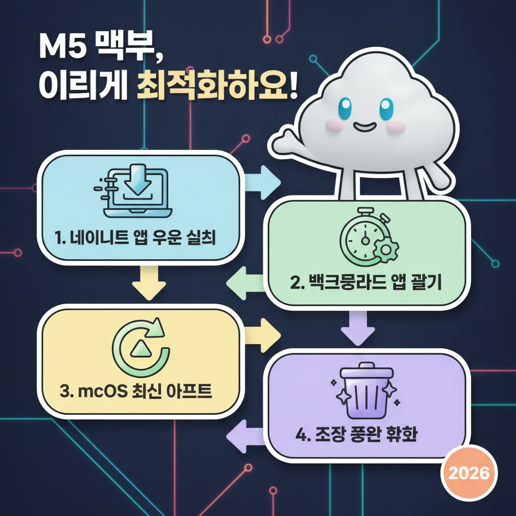 M5 맥북 에어의 성능을 최적화하기 위한 실용적인 가이드를 담은 인포그래픽 포스터. 'M5 맥북, 이렇게 최적화하세요!'라는 헤더 아래 네이티브 앱 설치, 백그라운드 관리, macOS 업데이트, 저장 공간 확보 등 핵심 단계를 친근한 캐릭터와 아이콘으로 보여줍니다.