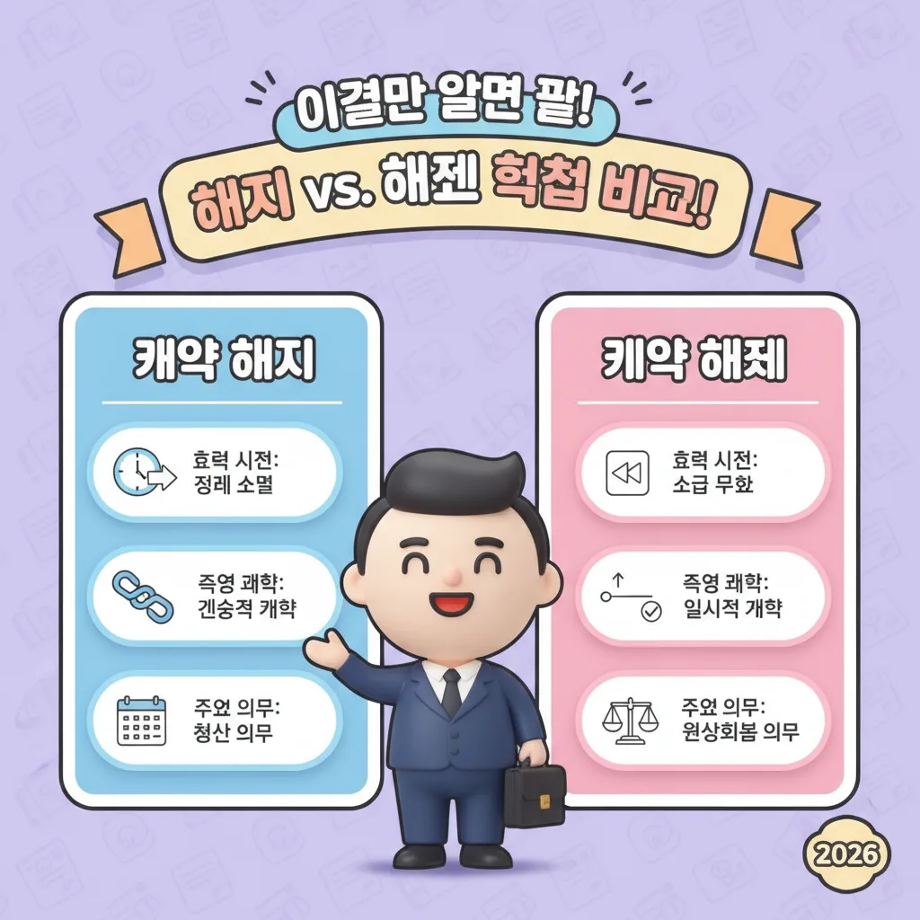 2026년 계약 해지와 계약 해제의 핵심 차이점을 명확히 비교하는 인포그래픽. 효력 시점, 적용 계약, 주요 의무 등 세 가지 기준을 통해 두 개념을 한눈에 이해할 수 있도록 친근한 캐릭터와 아이콘으로 시각화했습니다.