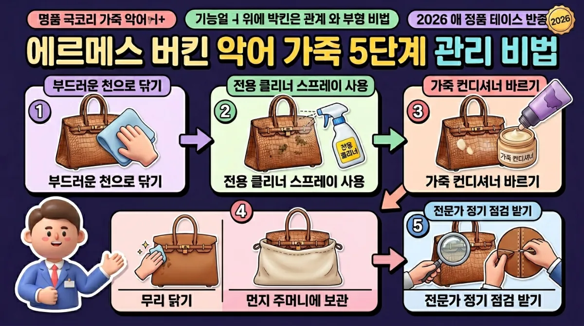 에르메스 버킨 악어 가죽 가방을 깨끗하게 관리하는 5가지 핵심 단계를 아이콘과 간략한 설명으로 시각화한 인포그래픽 포스터. 각 단계별 준비물과 방법을 친근한 캐릭터가 안내하며 상세히 설명합니다.
