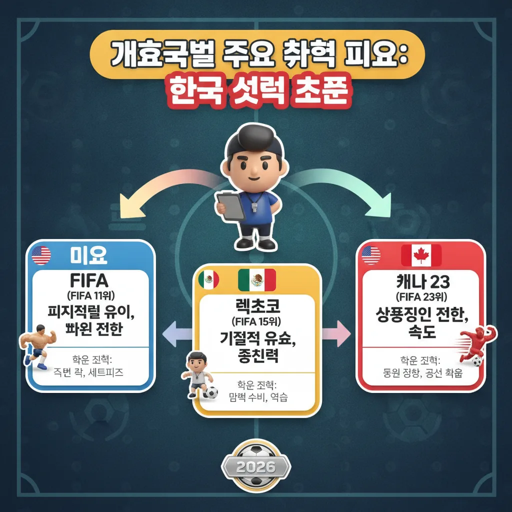 2026 월드컵 개최국인 미국, 멕시코, 캐나다의 주요 축구 스타일 특징을 비교하고, 각 팀에 대한 한국의 맞춤 전략 초점을 시각적으로 제시하는 인포그래픽. 각 국가의 강점과 한국의 대응 전략을 아이콘과 함께 명료하게 보여줍니다.