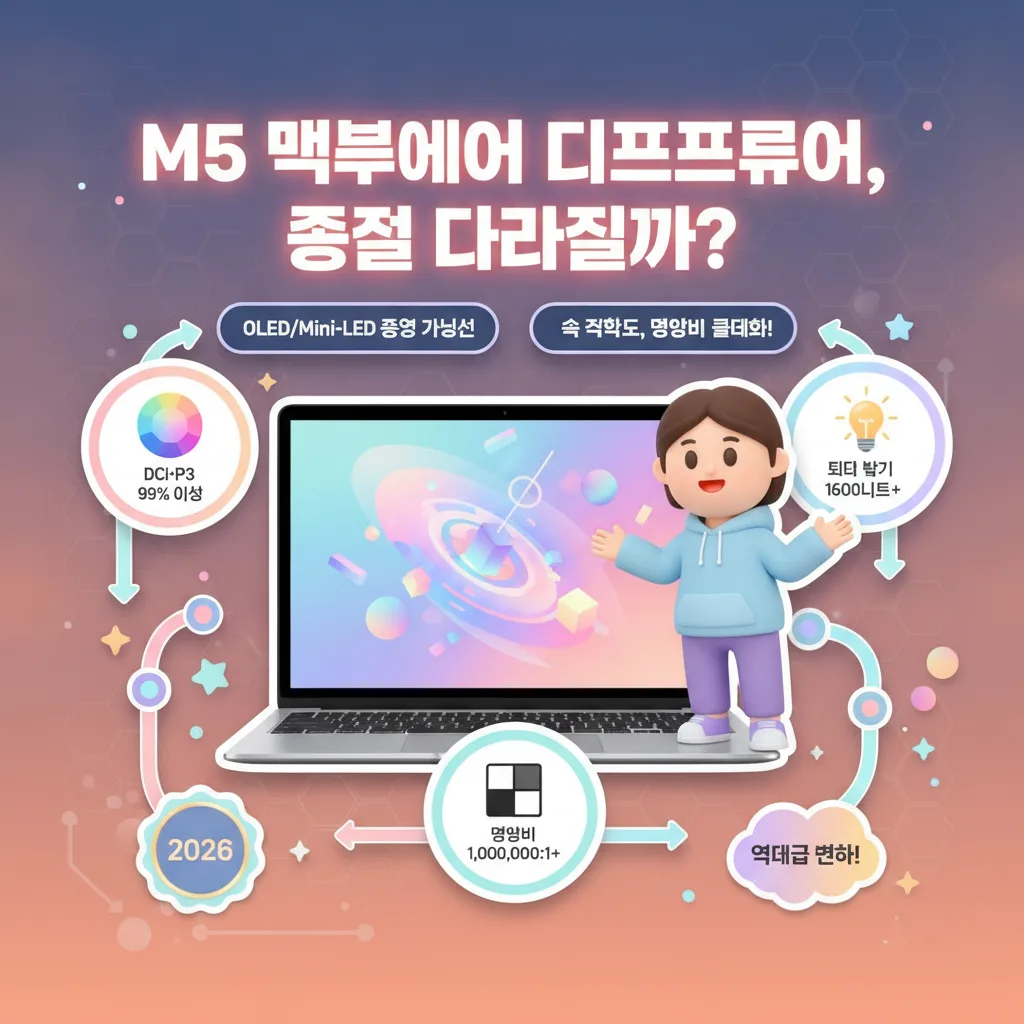 강렬한 색상과 선명한 대비를 강조한 맥북에어 M5 인포그래픽 포스터. 'M5 맥북에어 디스플레이, 정말 달라질까?'라는 큰 한글 제목 아래 OLED/Mini-LED 적용 가능성, 색 정확도 및 명암비 극대화 정보가 담겨 있습니다. DCI-P3 99% 이상, 최대 밝기 1600니트+, 명암비 1,000,000:1+ 등의 핵심 수치와 함께 친근한 캐릭터가 기술 혁신을 설명하며, 2026년 기술 동향을 반영합니다.