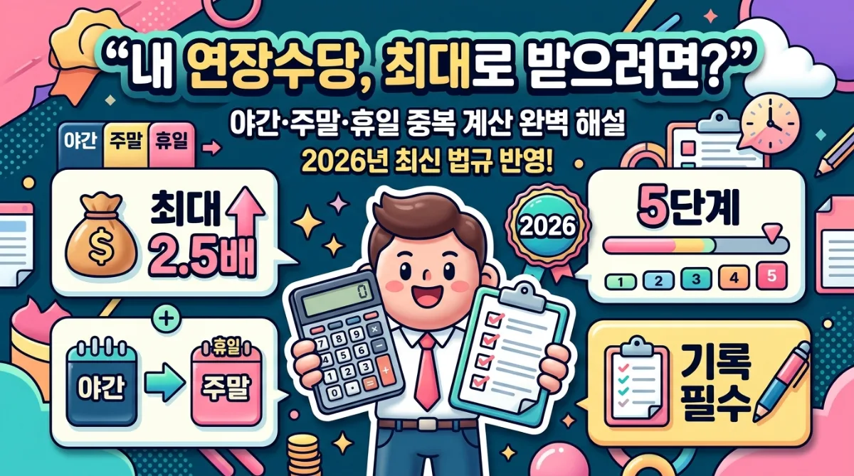 2026년 연장근로수당을 정확히 계산하고 청구하는 5단계 절차를 보여주는 인포그래픽. 근무 기록 관리부터 이의 제기까지 각 단계별 중요 내용을 시각화합니다.