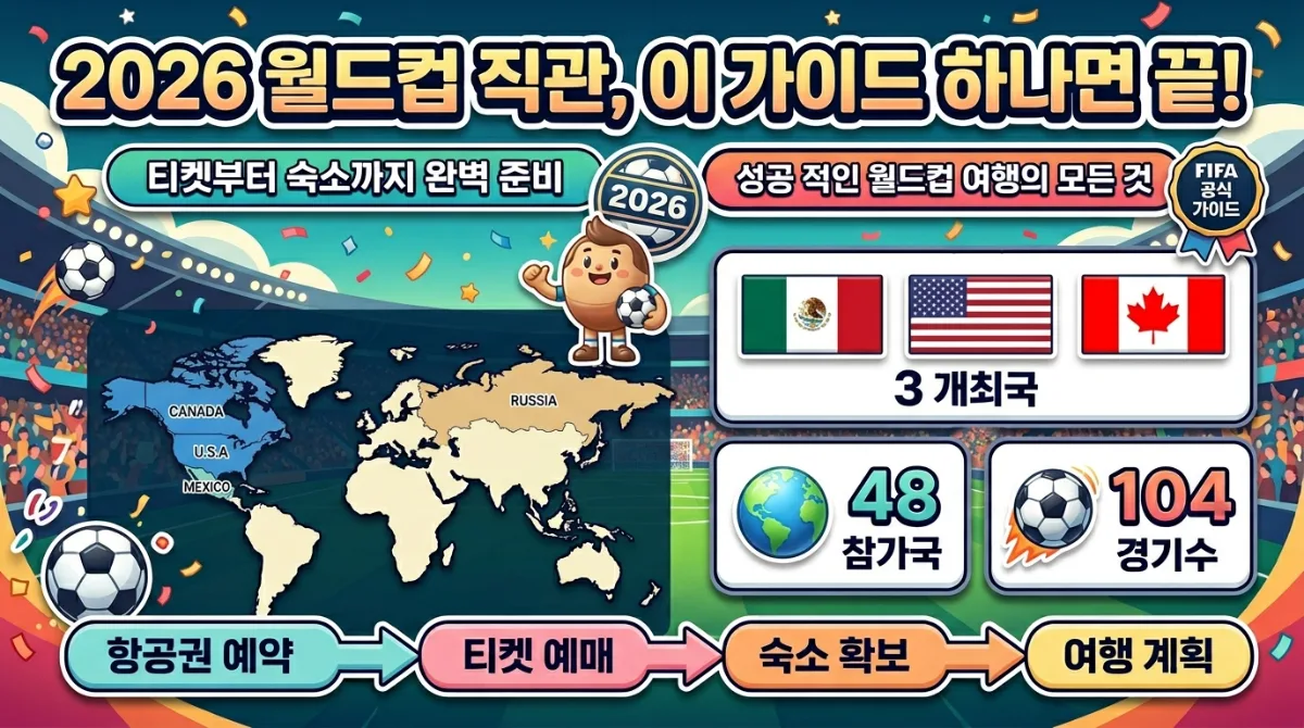 2026 북중미 월드컵 직관 성공을 위한 준비 타임라인 인포그래픽. 2025년 하반기 FIFA+ 계정 생성 및 알림 설정, 2026년 초 1차 티켓 추첨 등록 및 숙소 탐색 등 주요 단계가 흐름도 형태로 시각화되어 있습니다. 각 단계별 핵심 정보와 아이콘, 그리고 친근한 캐릭터가 함께 배치되어 이해를 돕습니다.