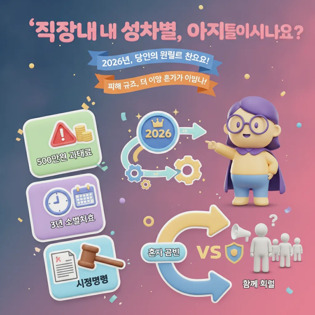 2026년 직장 내 성차별과 부당대우에 대한 신고 절차와 구제 방법을 안내하는 인포그래픽 포스터로, 500만원 과태료, 3년 소멸시효, 시정명령 등 주요 정보를 포함한 꽉 찬 구성입니다.