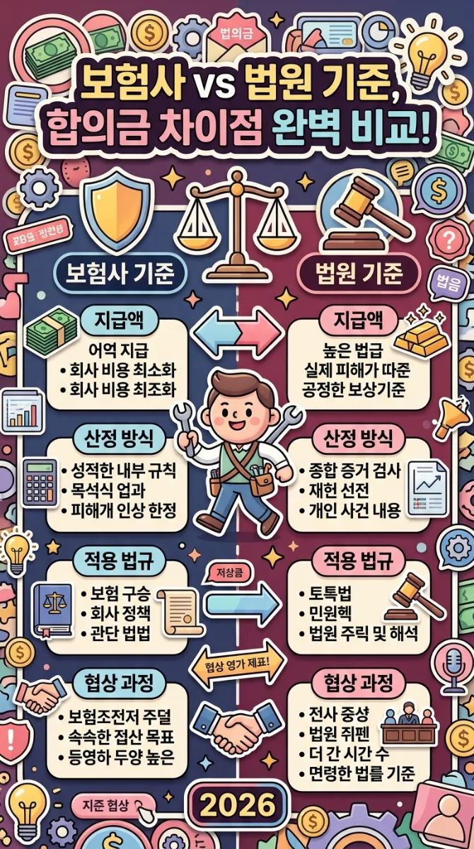 교통사고 합의금 산정 시 보험사 기준과 법원 기준의 주요 차이점을 명확하게 비교하는 인포그래픽 포스터입니다. 지급액, 산정 방식, 적용 법규 등 각 기준의 특징을 아이콘과 함께 설명하며, 친근한 캐릭터가 비교 설명을 돕고 2026년 기준 정보가 강조되어 있습니다.