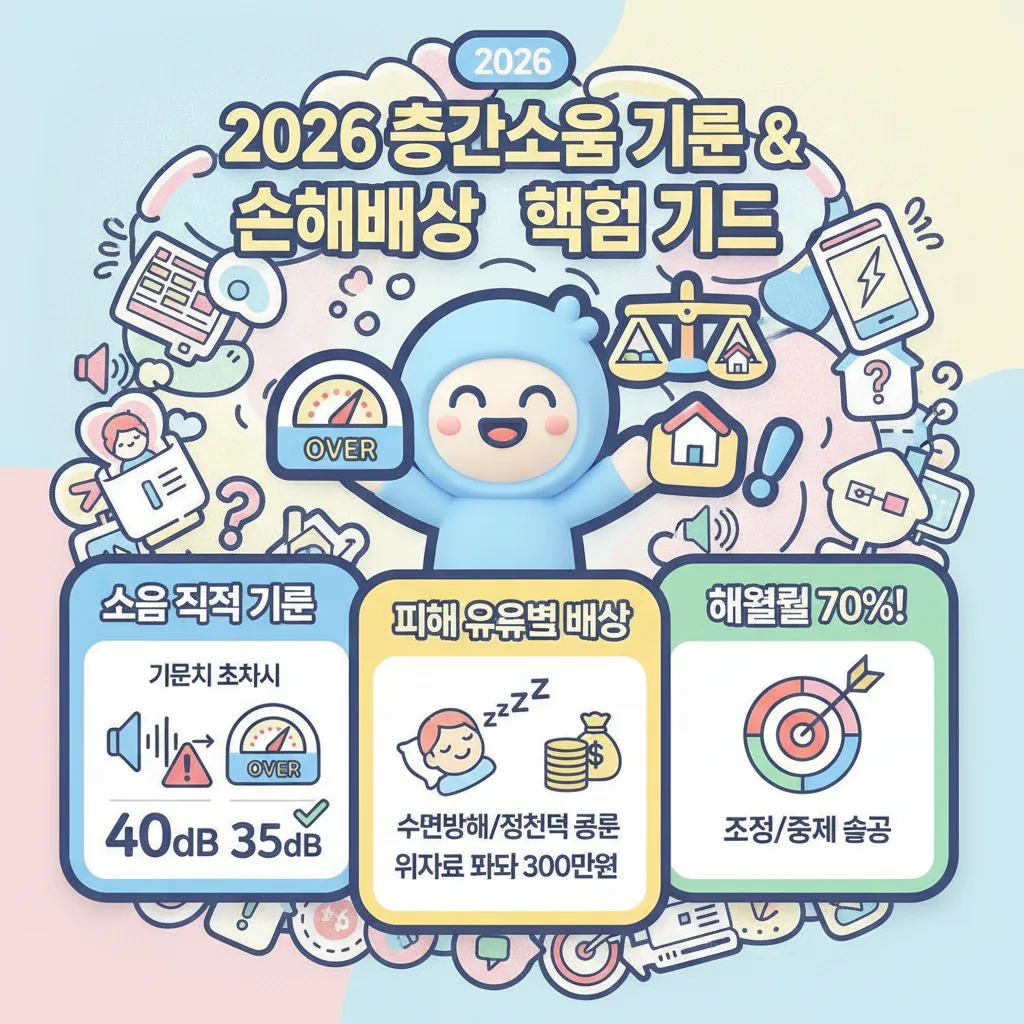 2026년 층간소음 측정 기준과 손해배상에 대한 핵심 정보를 담은 인포그래픽 포스터. 소음 기준, 피해 유형별 배상, 높은 해결률을 시각적으로 설명합니다.