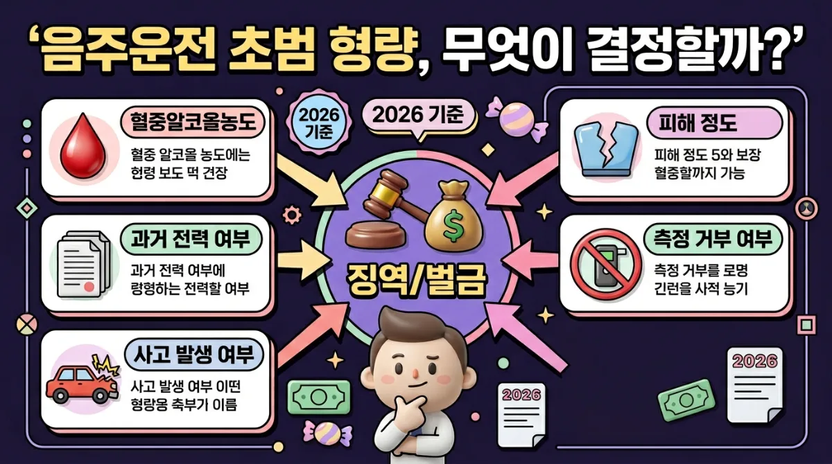 2026년 도로교통법에 따른 음주운전 초범의 혈중알코올농도 구간별 처벌 기준을 시각화한 인포그래픽. 면허정지, 면허취소, 벌금, 징역 등 각 농도 구간에 따른 형량을 아이콘과 함께 명확하게 제시합니다.