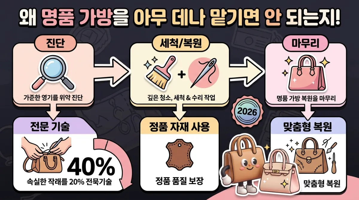 명품 가방 전문 세탁 및 수선의 필요성과 과정을 설명하는 인포그래픽 포스터. '명품 가방, 아무데나 맡기면 안되는 이유!'라는 한글 제목 아래, 진단부터 세척, 복원, 마무리까지의 전문 과정이 화살표로 시각화되어 있습니다. 전문 기술력, 정품 부자재 사용, 맞춤형 복원 등의 핵심 강점들이 정보 카드 형태로 제시되며, 귀여운 3D 가방 캐릭터가 완벽하게 복원된 가방을 행복하게 바라보는 모습입니다. 2026년 기준의 정보가 강조되어 있습니다.