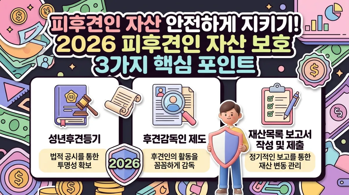 2026년 피성년후견인의 재산을 효과적으로 보호하기 위한 세 가지 핵심 방안을 강조하는 인포그래픽. 후견 등기를 통한 투명성 확보, 후견감독인 제도를 통한 후견인 활동 감독, 그리고 정기적인 재산 목록 작성 및 보고를 통한 체계적인 재산 관리가 시각적으로 표현되어 있습니다.
