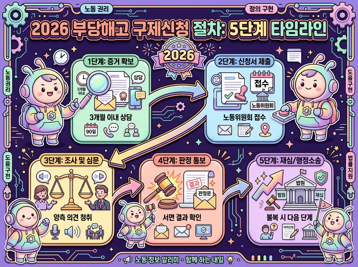 2026년 부당해고 구제신청의 5단계 절차를 상세히 설명하는 인포그래픽. 증거 확보부터 신청서 제출, 심문, 판정, 재심/행정소송까지 각 단계를 아이콘과 간결한 한글 텍스트로 명확하게 시각화하여 보여줍니다.