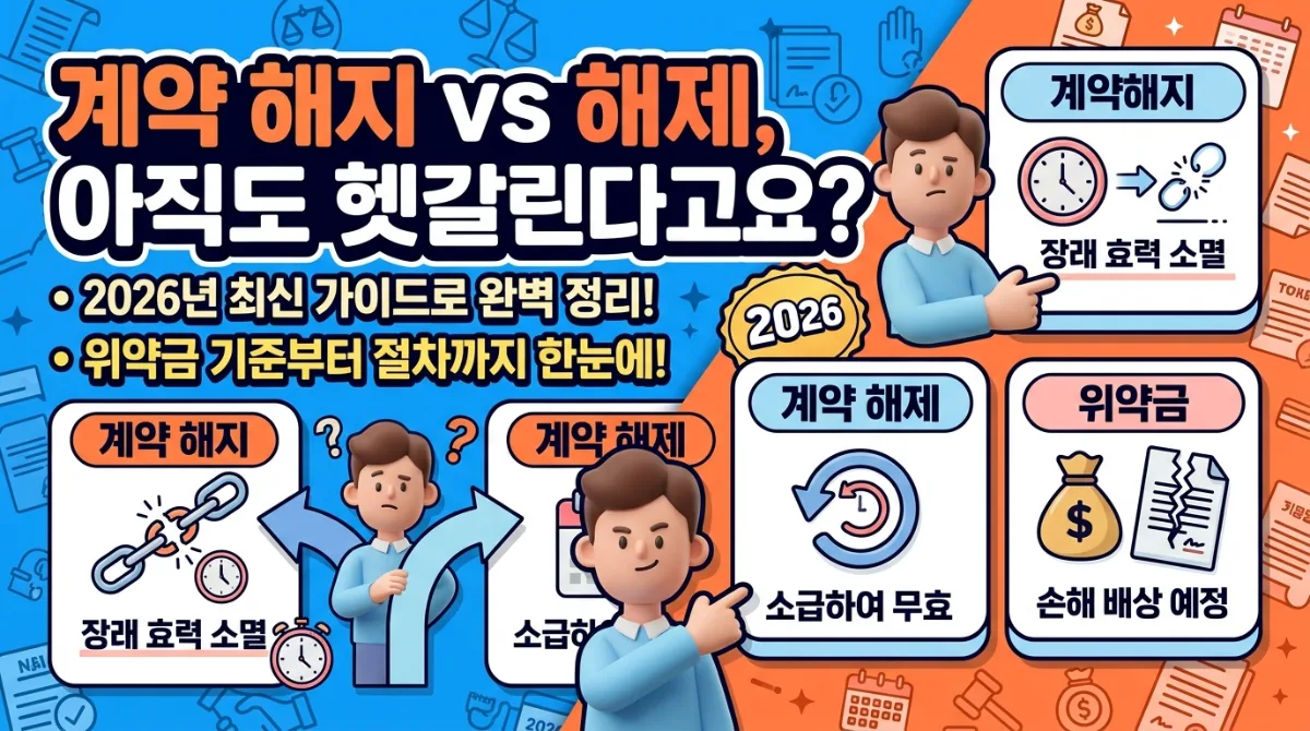 2026년 계약 해제 절차를 4단계로 나누어 설명하는 상세 인포그래픽. 해제권 발생 원인 확인부터 이행 최고, 원상회복 의무, 손해배상 청구까지 각 단계의 핵심 내용을 아이콘과 함께 친근한 캐릭터가 안내합니다.