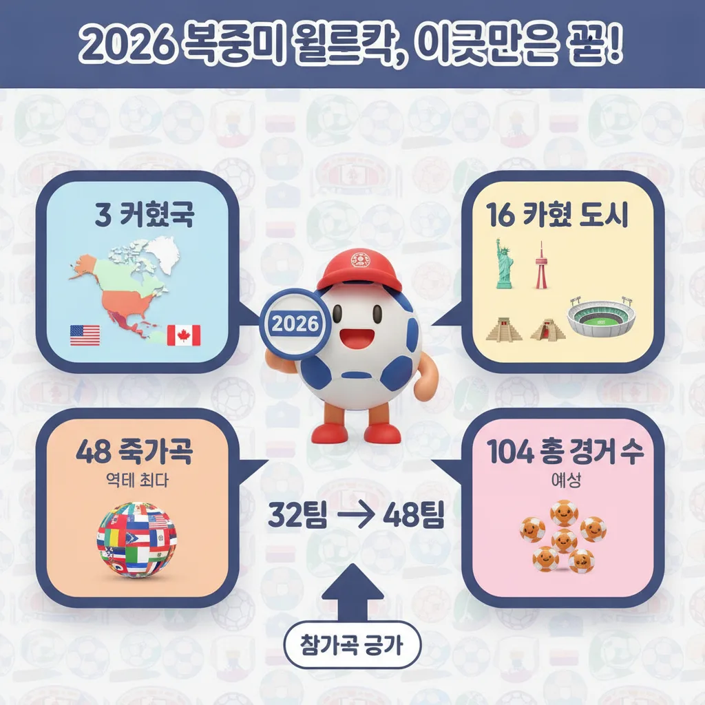 2026 북중미 월드컵의 주요 정보를 한눈에 보여주는 인포그래픽 포스터. '이것만은 꼭!'이라는 한글 헤더 아래 3개 개최국, 16개 개최 도시, 48개 참가국(역대 최다), 104개 총 경기 수(예상) 등 핵심 수치와 함께 관련 아이콘, 지도, 깃발 등이 풍부하게 시각화되어 있습니다. 친근한 캐릭터와 함께 월드컵의 규모를 효과적으로 전달합니다.