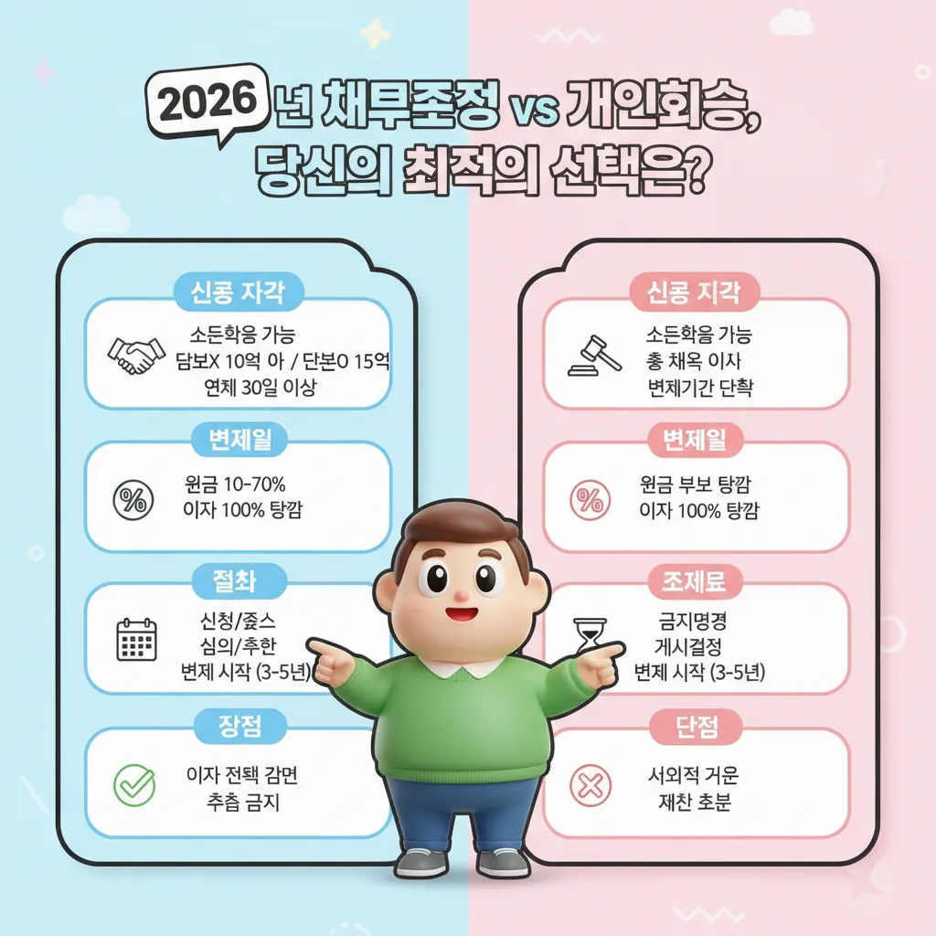 2026년 채무조정 제도와 개인회생 제도의 핵심 내용을 비교하여 각 제도의 자격, 절차, 장단점을 한눈에 파악할 수 있도록 시각화한 인포그래픽입니다.