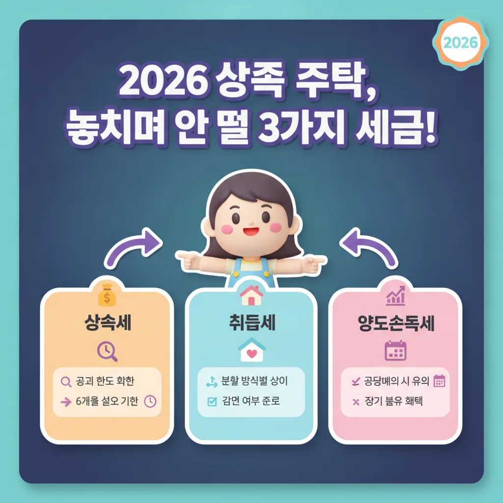 2026년 상속 주택 분할 시 반드시 알아야 할 상속세, 취득세, 양도소득세 등 3가지 핵심 세금을 시각적으로 정리한 정보성 포스터. 각 세금별 주요 고려사항과 절세 팁을 안내.