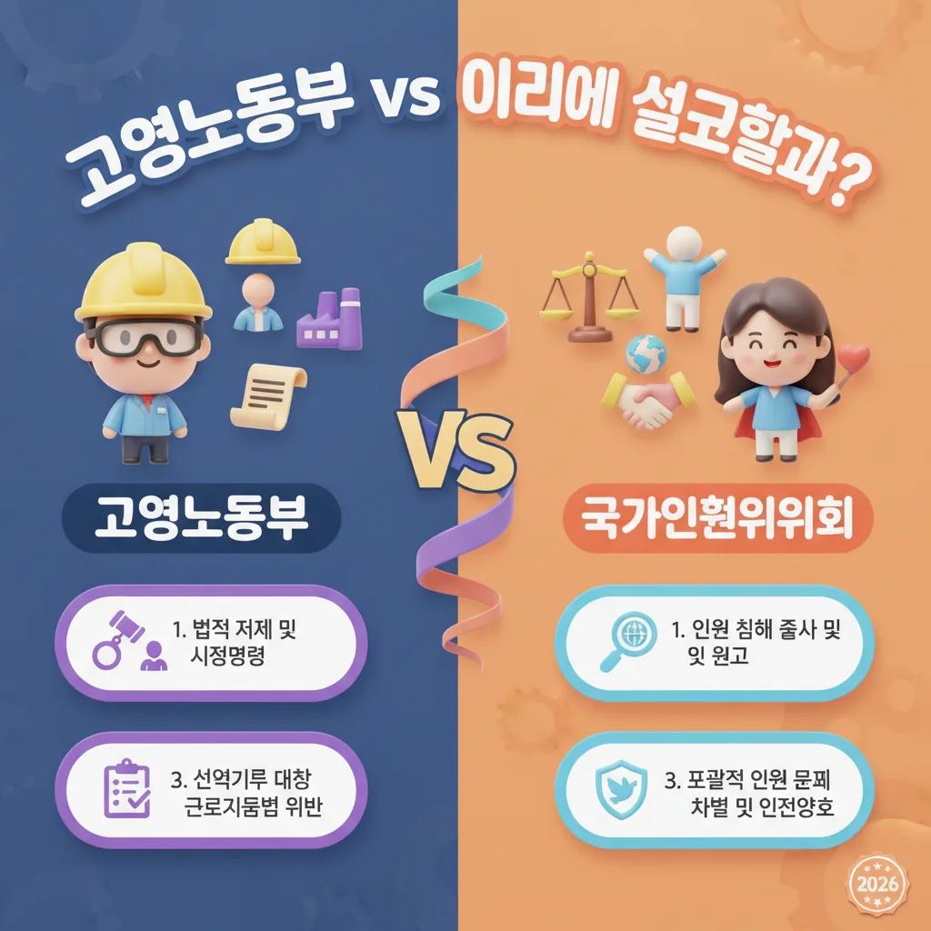 2026년 직장 내 성차별 신고를 위해 고용노동부와 국가인권위원회 중 어디에 신고할지 비교하는 인포그래픽 포스터로, 각 기관의 역할과 기능을 명확하게 시각화합니다.