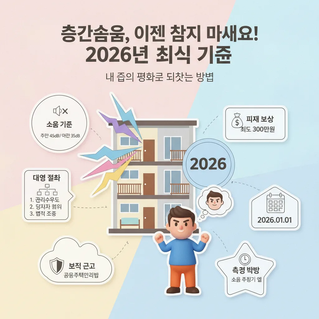 2026년 최신 층간소음 법적 기준과 보상 절차를 한눈에 보여주는 풍부한 정보의 인포그래픽 포스터. 층간소음 문제로 고통받는 이웃의 평화를 되찾는 방법을 시각적으로 설명합니다.