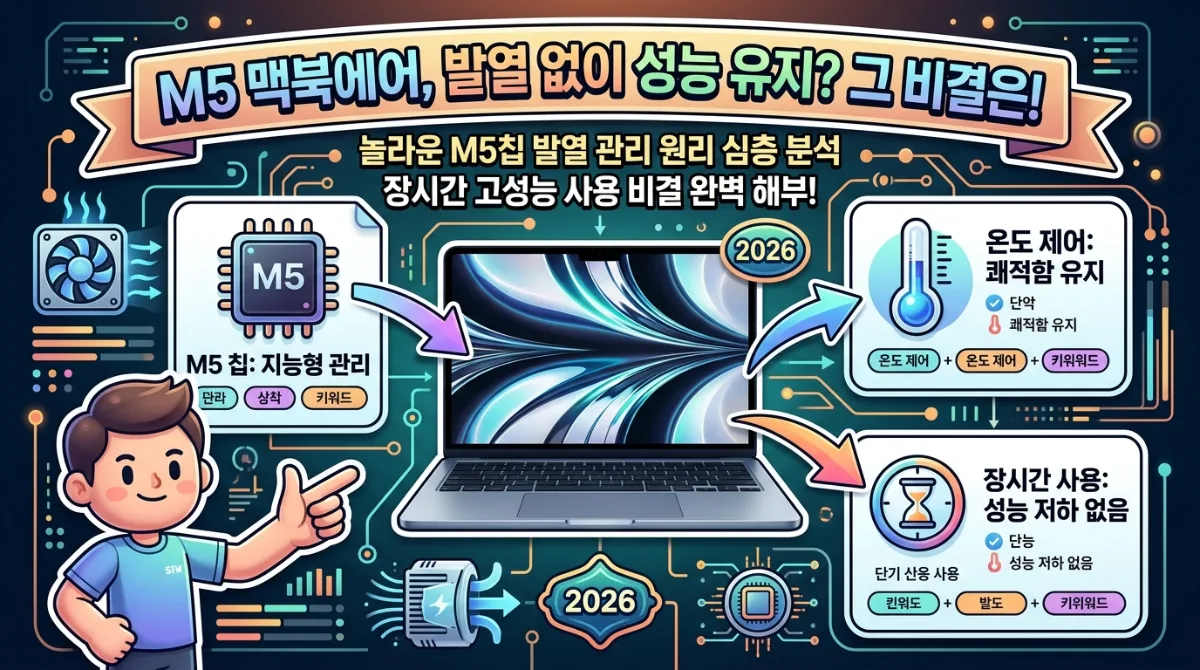 맥북에어 M5의 팬리스 발열 관리 핵심 원리를 시각화한 인포그래픽. M5 칩의 초고효율 설계와 지능형 전력 관리를 보여주며, M4 칩과의 발열 관리 성능을 아이콘으로 비교하고 맥북의 방열 메커니즘을 설명하는 디자인.