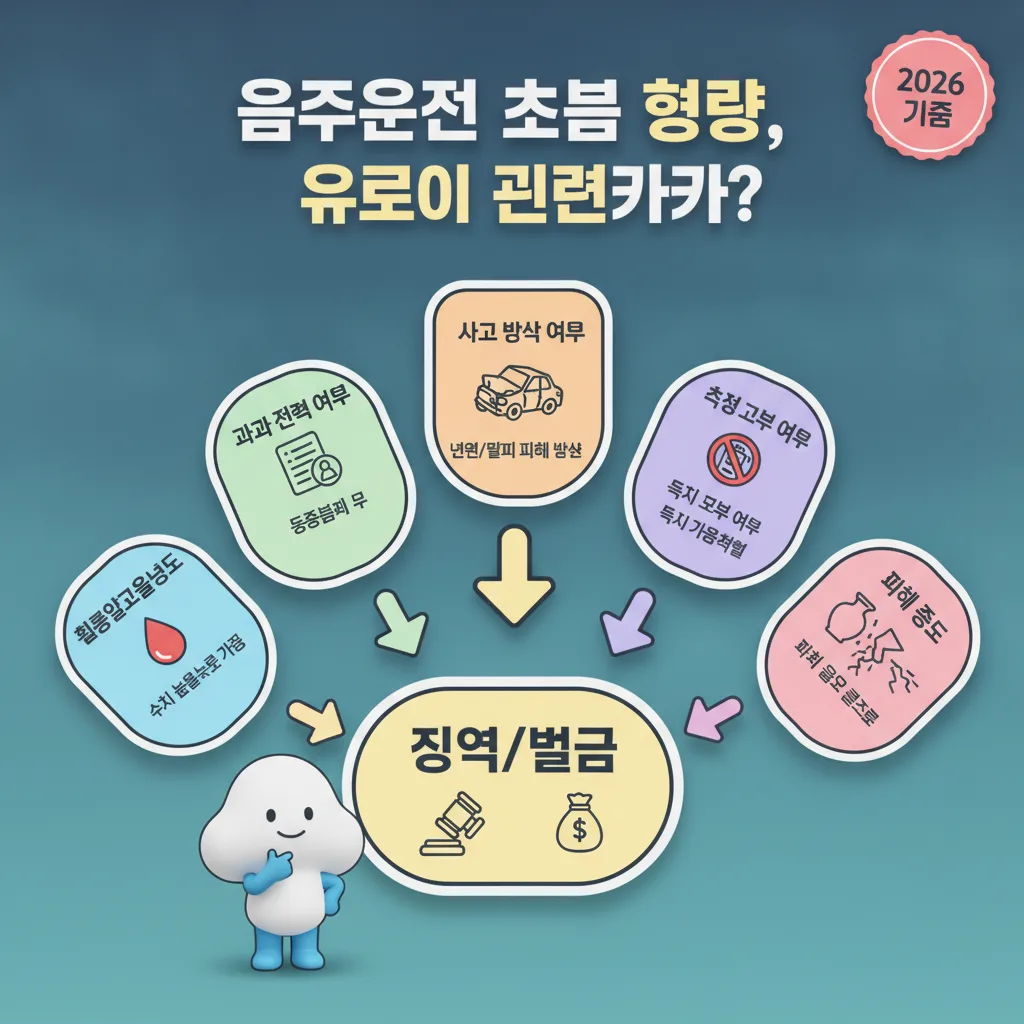 음주운전 초범 형량을 결정하는 주요 요소들을 설명하는 인포그래픽. 혈중알코올농도, 과거 전력, 사고 발생, 측정 거부, 피해 정도 등 5가지 핵심 요인을 아이콘과 함께 시각화하여 처벌 결정 과정을 보여줍니다.