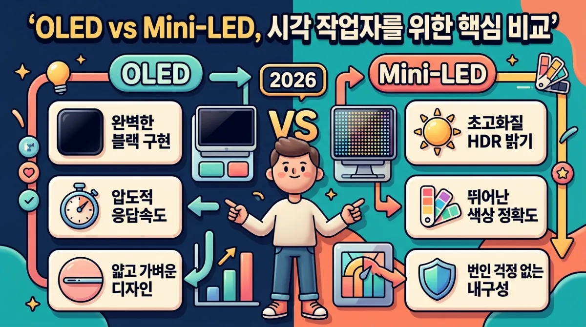 맥북에어 M5의 디스플레이 혁신이 사진, 영상, 그래픽 디자인 작업에 미칠 긍정적인 변화를 시각화한 인포그래픽 포스터. '맥북에어 M5, 디스플레이 혁신이 가져올 작업 변화'라는 한글 제목 아래, 사진 편집의 실제 같은 색감 표현, 영상 편집의 정밀한 색 보정 및 HDR 작업, 그래픽 디자인의 세밀한 디테일과 질감 표현 등의 핵심 이점을 아이콘과 함께 설명합니다. 2026년 기술 동향을 반영합니다.