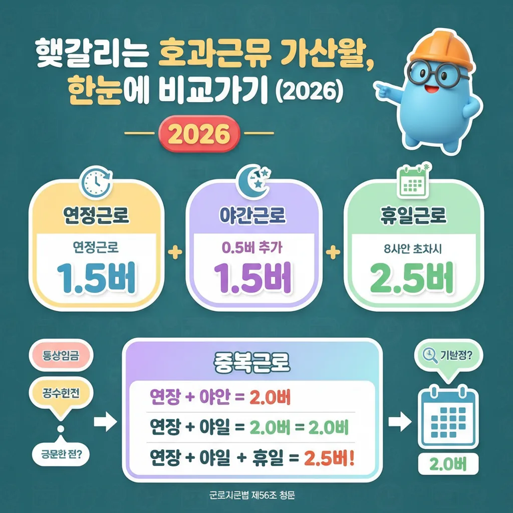 2026년 초과근무 유형별 가산율을 한눈에 비교하는 인포그래픽. 연장, 야간, 휴일근로 및 이들이 중복될 때 적용되는 1.5배, 2.0배, 2.5배 가산율을 명확하게 보여줍니다.