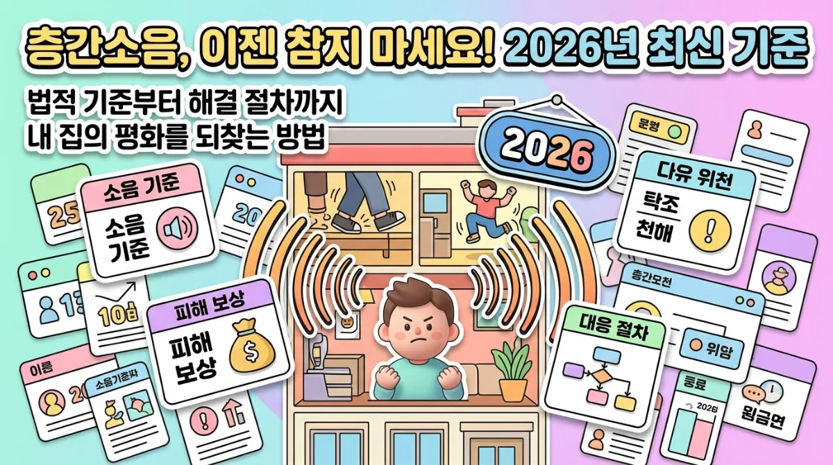 2026년 층간소음 법적 인정 기준과 효과적인 초기 대응 체크리스트를 시각화한 정보성 포스터. 주야간 소음 기준, 증거 기록 및 전문 기관 문의 절차를 친근한 캐릭터와 함께 설명합니다.