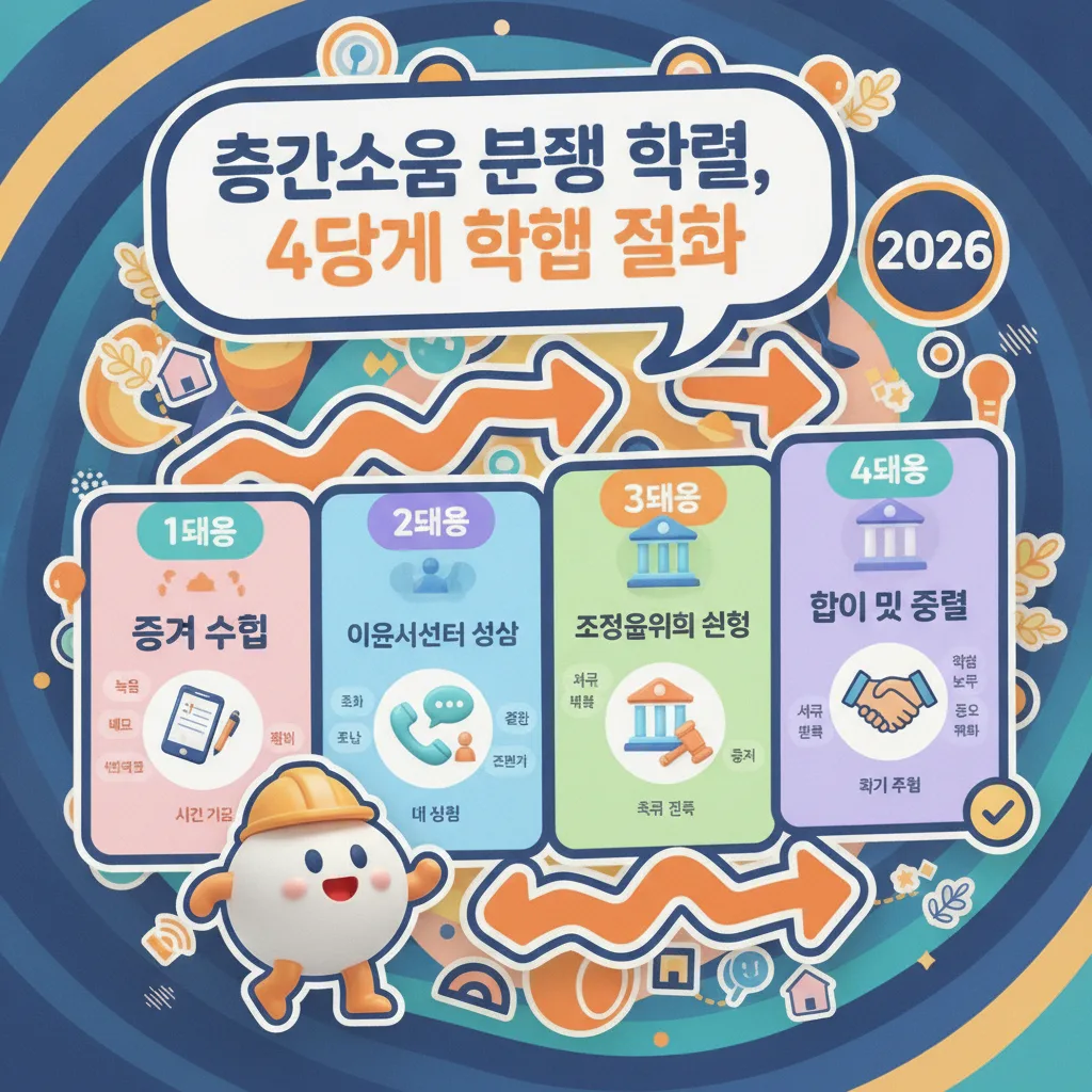 층간소음 분쟁 해결을 위한 명확한 4단계 절차를 설명하는 인포그래픽. 증거 수집부터 이웃사이센터 상담, 조정위원회 신청, 최종 합의까지의 과정을 캐릭터와 아이콘으로 시각화합니다.