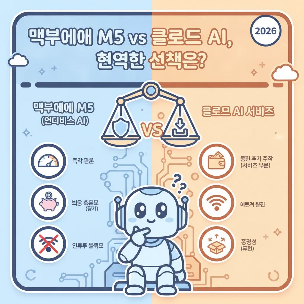 2026년 기준으로 맥북에어 M5의 온디바이스 AI와 클라우드 AI 서비스의 주요 장단점을 비교하여 현명한 선택을 돕는 인포그래픽.