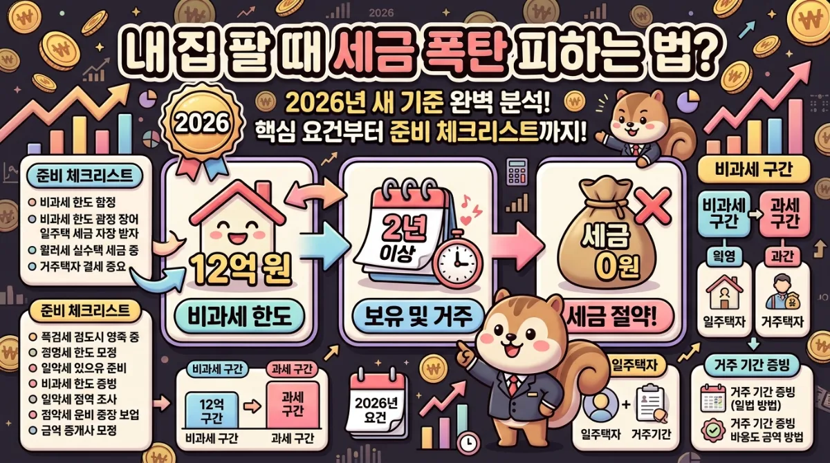 2026년 1세대 1주택 양도소득세 비과세의 핵심 요건들을 시각적으로 설명하는 인포그래픽. 2년 이상 보유 및 거주, 양도가액 12억 원 이하, 세대 구성 요건 충족 세 가지를 아이콘과 숫자로 명확히 제시하여 독자들이 쉽게 이해할 수 있도록 돕는다. 친근한 캐릭터와 2026년 연도 배지가 포함된 정보성 포스터.