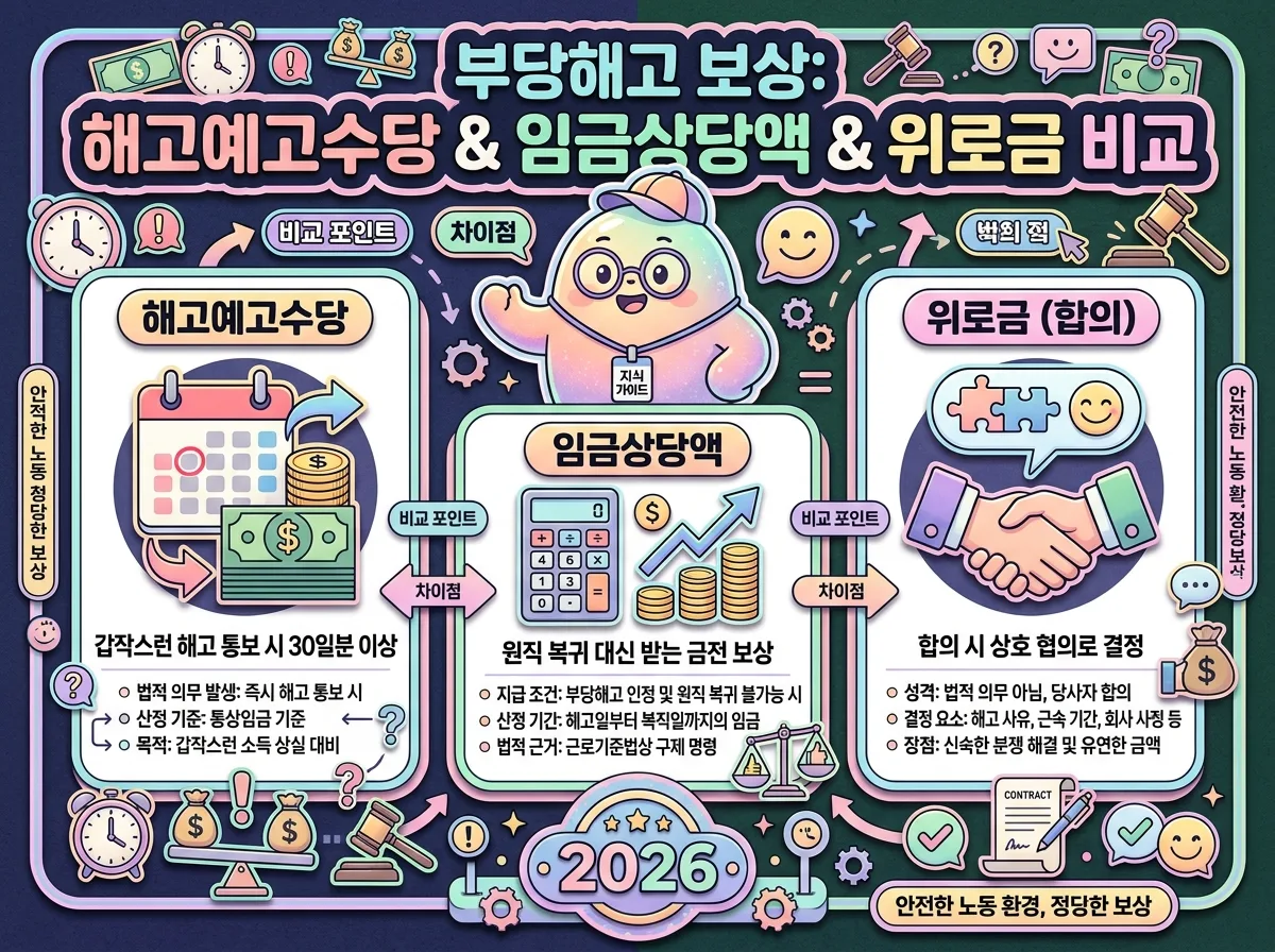 2026년 부당해고 시 받을 수 있는 보상 유형인 해고예고수당, 임금상당액, 위로금을 비교하고 설명하는 인포그래픽. 각 보상의 개념과 주요 특징을 아이콘과 함께 명확하게 제시하여 이해를 돕습니다.