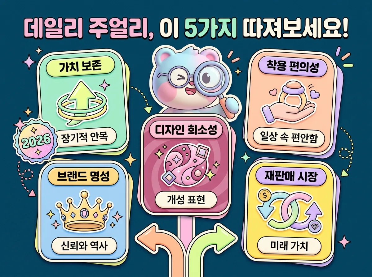 데일리 주얼리 선택 시 고려할 5가지 핵심 사항을 체크리스트 형태로 시각화한 꽉 찬 인포그래픽 포스터. 가치 보존, 착용 편의성, 디자인 희소성, 브랜드 명성, 재판매 시장 등 중요한 기준들이 아이콘과 함께 명확하게 제시되어 있습니다.