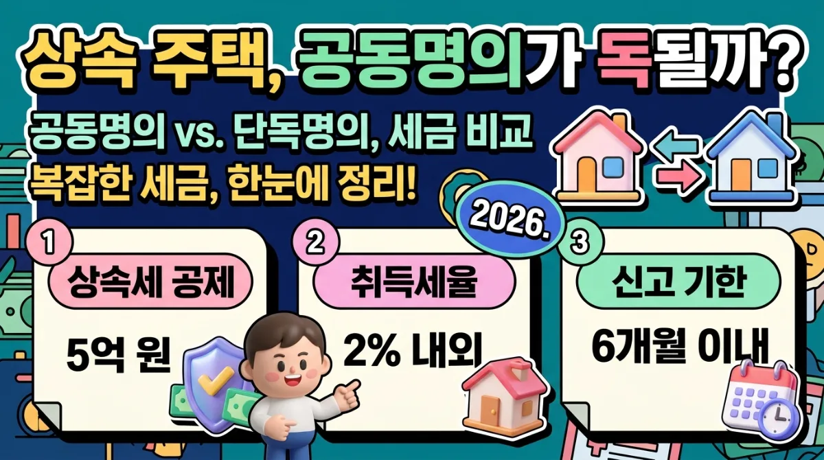 2026년 상속 주택을 공동명의로 할지 단독명의로 할지 세금 및 관리 측면에서 비교하여 현명한 선택을 돕는 정보성 포스터. 재산세, 의사결정, 관리의 장단점을 시각화.