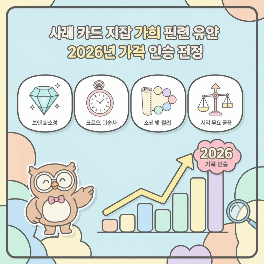 샤넬 클래식 카드 지갑의 가치를 결정하는 주요 요인들과 2026년 가격 인상 전망을 한눈에 볼 수 있는 인포그래픽. 브랜드 희소성, 디자인, 소재, 시장 수요 등 핵심 요인들을 친근한 캐릭터와 시각 자료로 설명합니다.