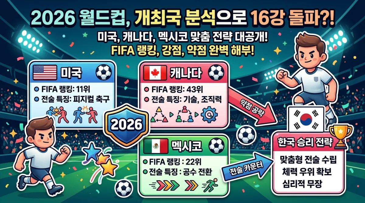 2026 월드컵에서 한국 대표팀이 성공적인 경기를 펼치기 위한 5단계 맞춤 전략 수립 과정을 시각적으로 표현한 인포그래픽. 상대 분석부터 멘탈 관리까지 각 단계의 핵심 내용을 아이콘과 함께 명확하게 제시합니다.