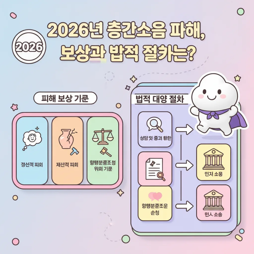 2026년 층간소음 피해 보상 기준과 복잡한 법적 대응 절차를 간결하게 시각화한 인포그래픽 포스터. 정신적, 재산적 피해 보상과 법원 소송까지의 단계를 상세히 보여줍니다.