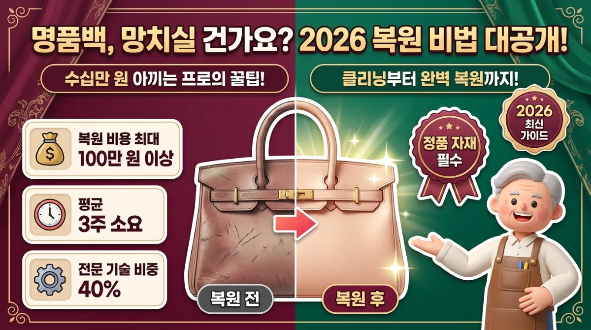 명품 가방 복원 비법을 다루는 인포그래픽 포스터 썸네일. '명품가방 망칠 건가요? 2026년 복원 비법 대공개!'라는 큼직한 한글 제목과 함께, 손상된 명품 가방이 완벽하게 복원되는 전후 모습이 대비되어 나타납니다. 최대 100만원 이상의 복원 비용, 평균 3주 소요, 전문 기술력 40% 증가, 정품 부자재 필수 등의 핵심 정보와 '2026 최신 가이드' 배지가 가득 채워져 있습니다. 친근한 3D 캐릭터가 복원된 가방을 들고 있는 모습으로, 명품 가방 관리에 대한 모든 궁금증을 해결해 줄 것 같은 정보성 이미지입니다.