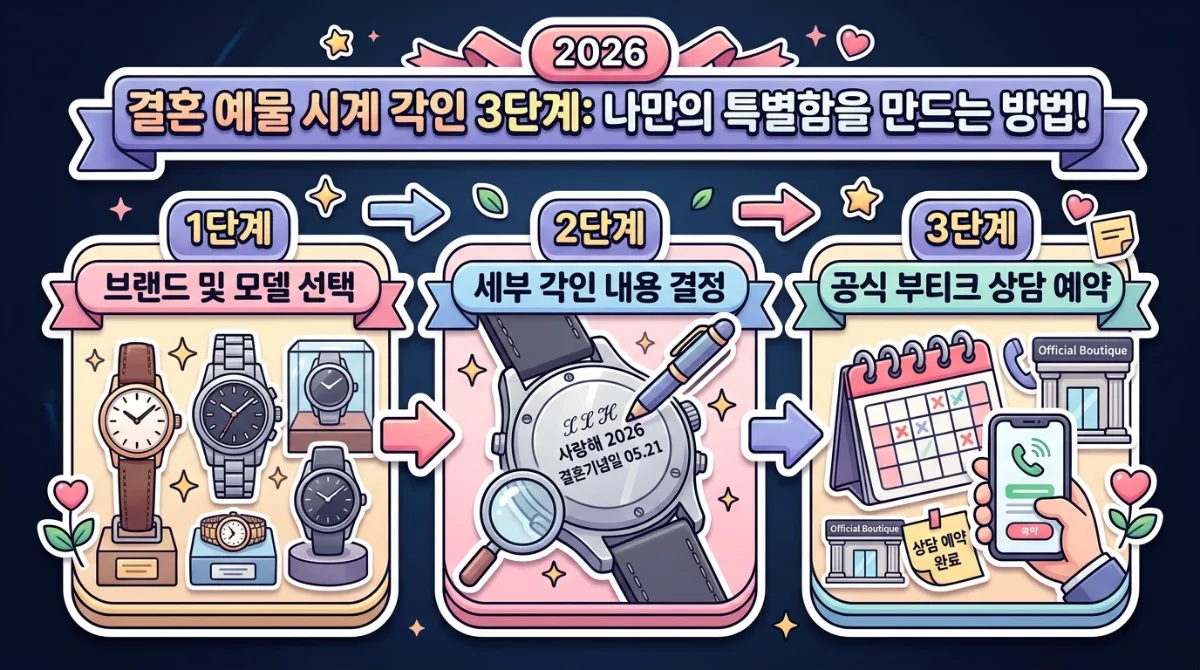 예물 시계 각인 서비스를 준비하는 과정을 세 단계로 나누어 설명하는 인포그래픽. 브랜드 선정, 각인 내용 구체화, 부티크 상담 예약을 친근한 캐릭터와 함께 시각화하여 보여줍니다.